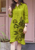 Collar Print Long Dress Button Green Loose Pan Shirts Fall Peter