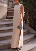 Long Dresses Loose Side Solid Open Sleeveless Cotton White
