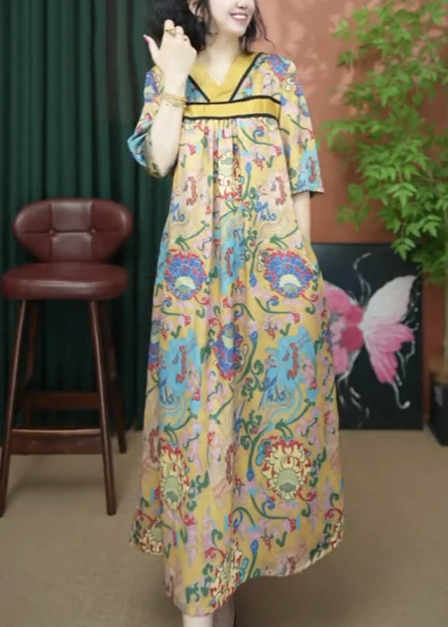 Cotton Dresses Summer Loose Print Long V Neck Yellow