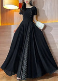 Summer O Long Black Dot Dresses Patchwork Neck Chiffon New