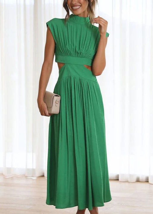 Out Summer Dress Wrinkled Long Green Cotton Hollow New