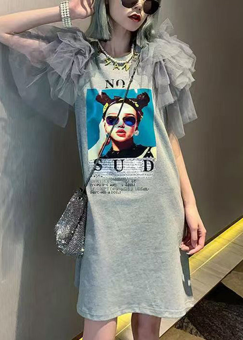 Cotton New Dress Tulle Grey Shirts Patchwork Print T Summer