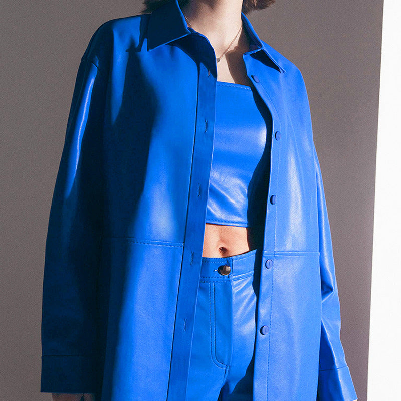 Autumn Winter Long Sleeve Women Shirt Women Leather Top Coat Women