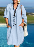 V Mid Dresses Blue Vacation Organic Patchwork Light Pockets Neck