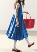 O-Neck Blue Long Waist Dress Cotton Sleeveless Original Tie