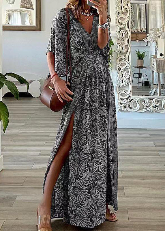 V Size Dresses Summer Neck Maxi Open Print Plus Side Cotton Blue