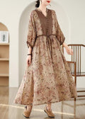 Khaki Dresses Pockets Tie Cotton Waist Long Fall Print Plus Size