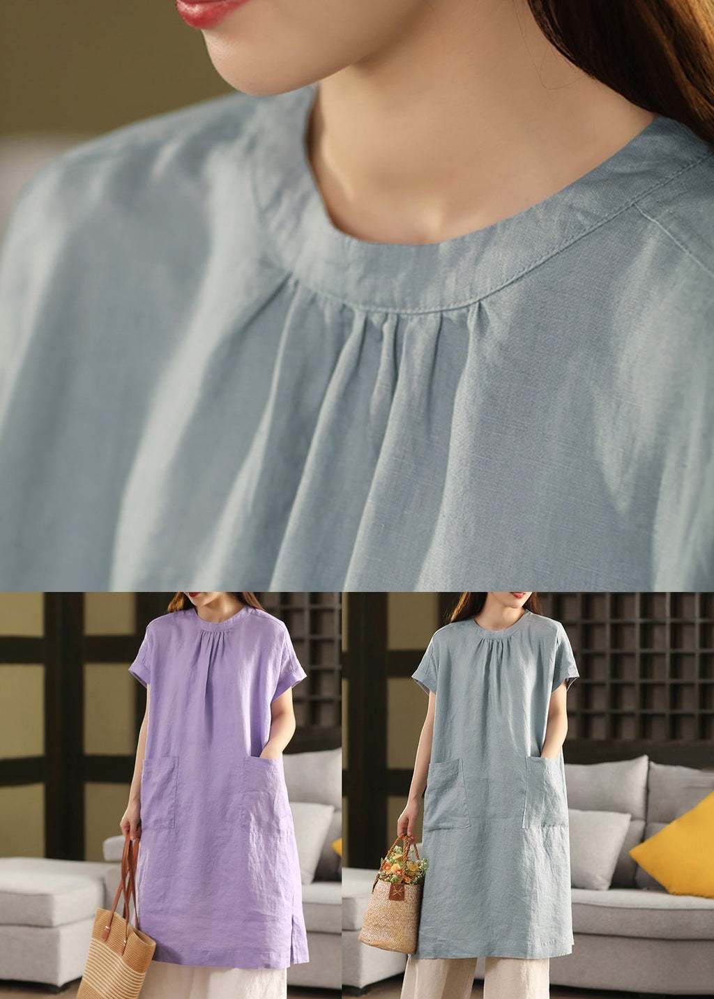 O Open Neck Linen Solid Dress Purple Side