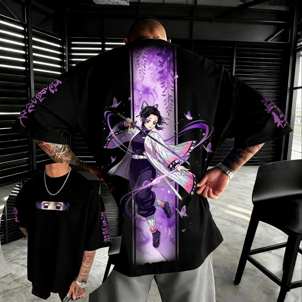 Oversized Unisex Pure Cotton T-shirt Demon Slayer Kochou Shinobu 2026 Summer New Product Anime Printed Casual Short Sleeved Top
