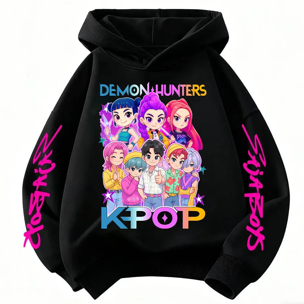 2026 KPop Demon Hunter Cartoon Girls Boy Hooded Sweatshirt Warm Children's Korean Wave Fashion Casual Tops Casual Girls Clothing