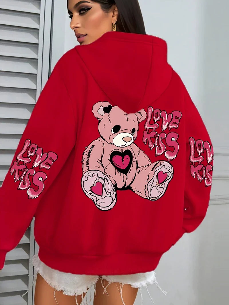 Pink Love Kiss Art Letter Prints Hoodies Women Pocket Autumn Hoody Fleece Multicolor Streetwear Unisex Hip Hop Y2K Clothing