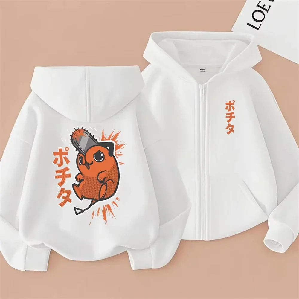 Anime Chainsaw Man Washed Retro Zipper Hoodie Cartoon Denji Pochita Funny Graphic Zip Up Jacket Men Women Manga Oversized Coat