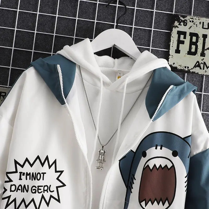New 2025 Spring Woman Hooded Cute Shark Print Japanese Style Patchwork Teen Hoodies Jacket Fashion Harajuku Women Sweatshirt