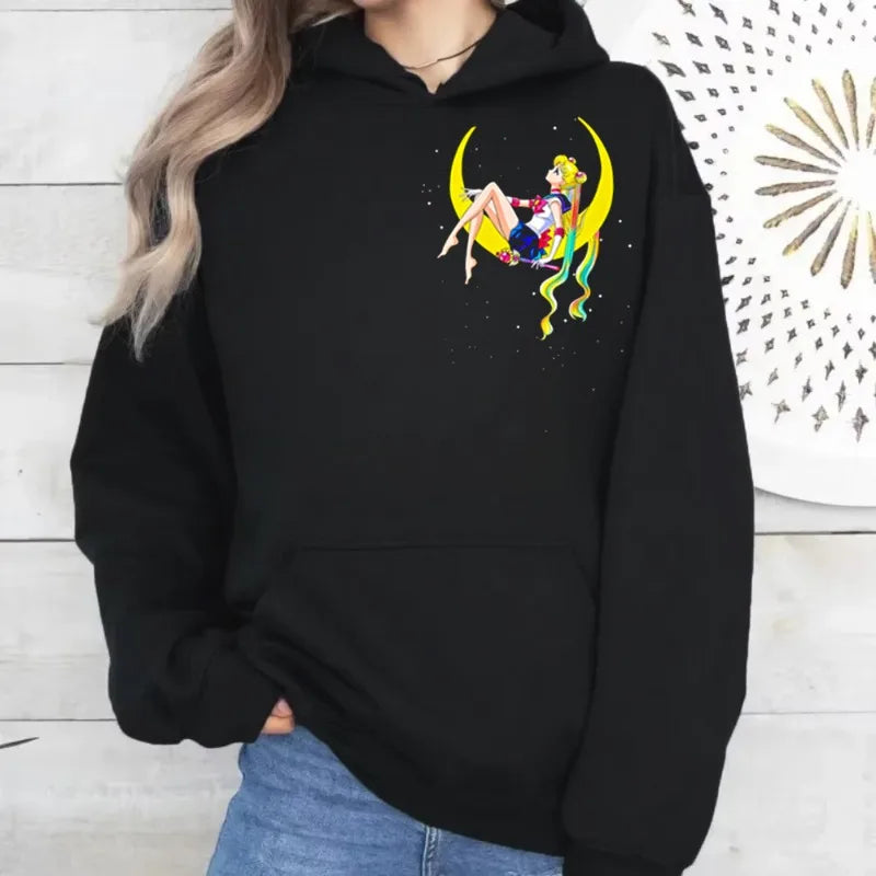 Neon Art Hoodie. Autumn Winter Y2K Rainbow Moon Girl Print Sweatshirt. Edgy Loose Hooded Top for Women