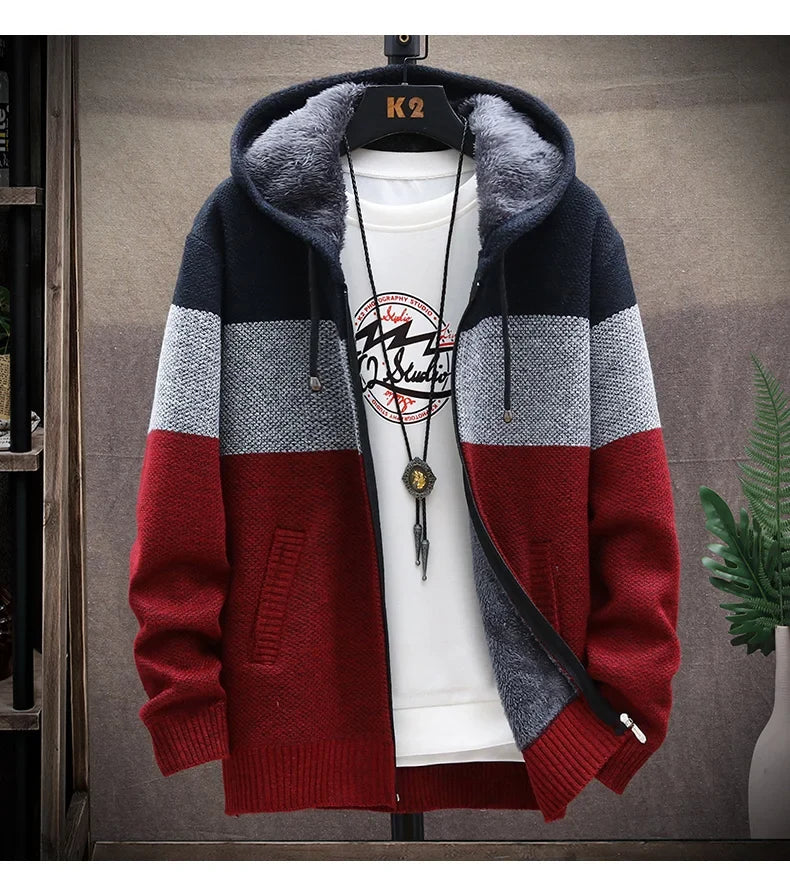 Men's Knit Sweater Fleece Coat Striped Jackets Fashion Hoodies Winter Autumn Thick Warm Windbreaker Pullovers Male Clothing