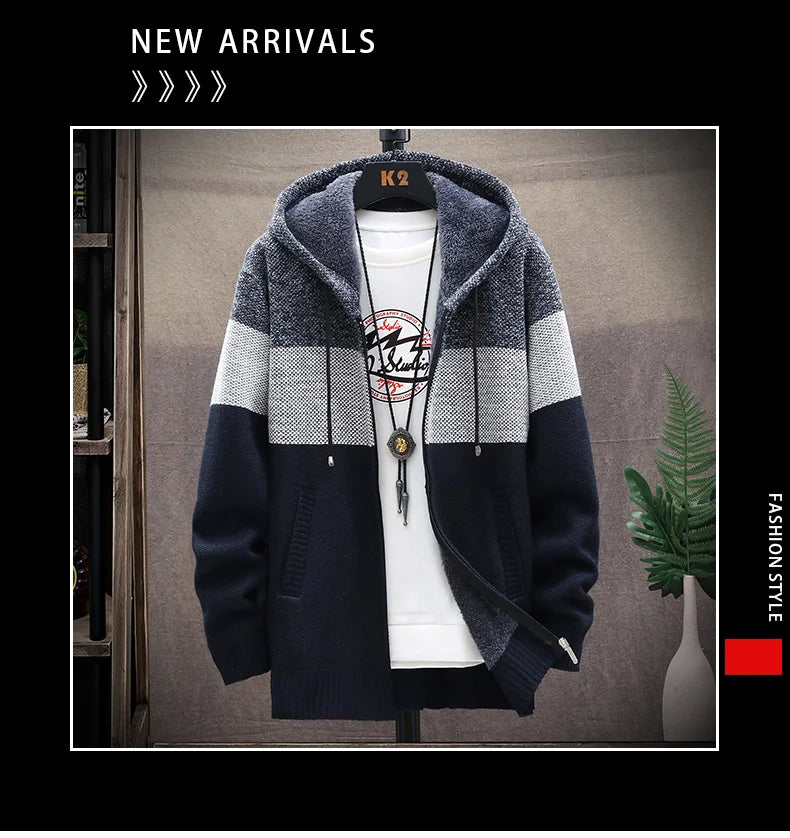Men's Knit Sweater Fleece Coat Striped Jackets Fashion Hoodies Winter Autumn Thick Warm Windbreaker Pullovers Male Clothing
