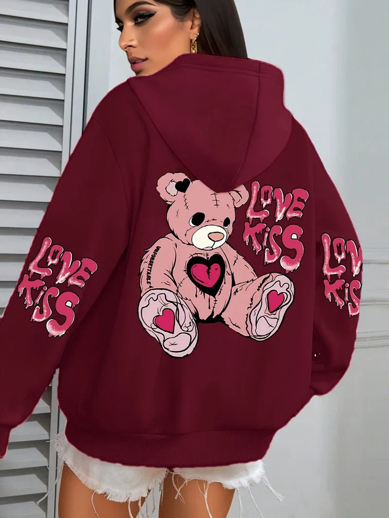 Pink Love Kiss Art Letter Prints Hoodies Women Pocket Autumn Hoody Fleece Multicolor Streetwear Unisex Hip Hop Y2K Clothing