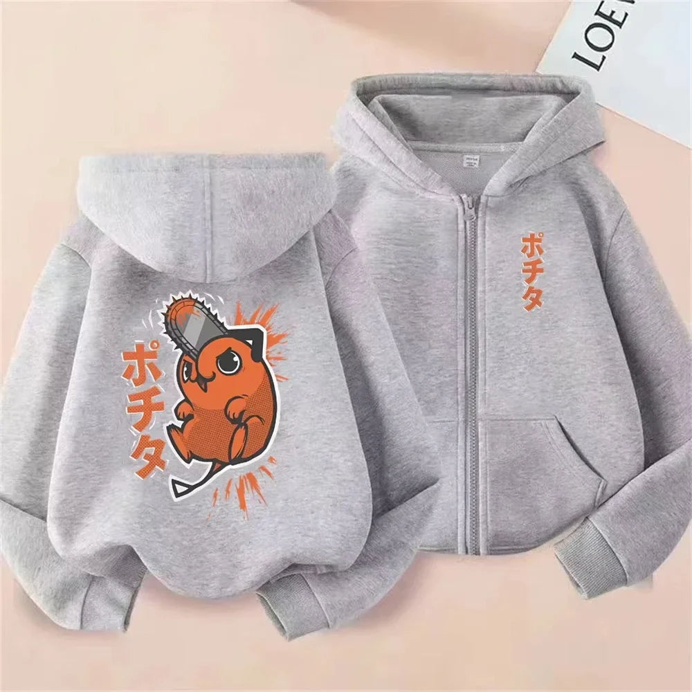 Anime Chainsaw Man Washed Retro Zipper Hoodie Cartoon Denji Pochita Funny Graphic Zip Up Jacket Men Women Manga Oversized Coat