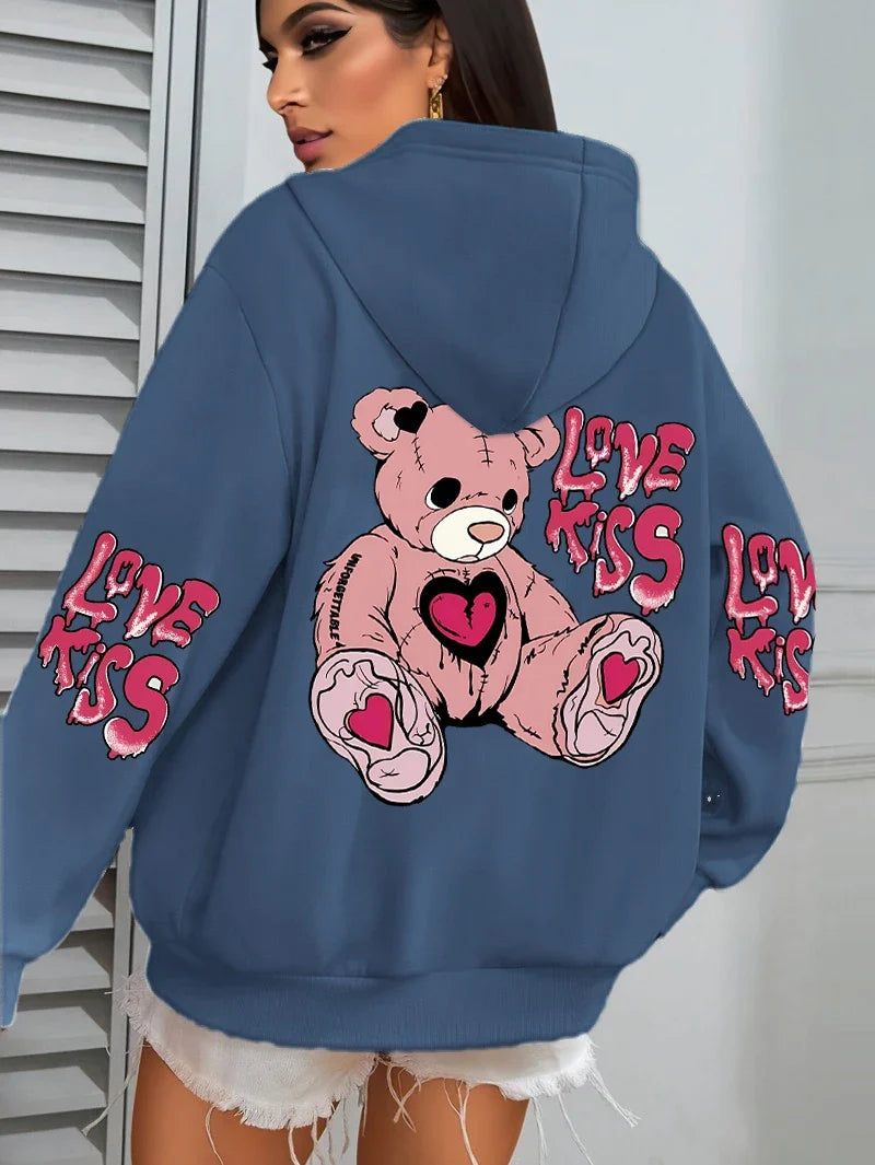 Pink Love Kiss Art Letter Prints Hoodies Women Pocket Autumn Hoody Fleece Multicolor Streetwear Unisex Hip Hop Y2K Clothing