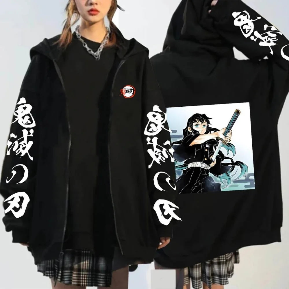 New Unisex Demon Slayer Anime Hooded Jacket Women Men Streetwear Casual Zip Up Coat Graphic Print Spring Autumn Fashion Y2k