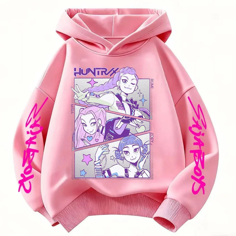 2026 KPop Demon Hunter Cartoon Girls Boy Hooded Sweatshirt Warm Children's Korean Wave Fashion Casual Tops Casual Girls Clothing