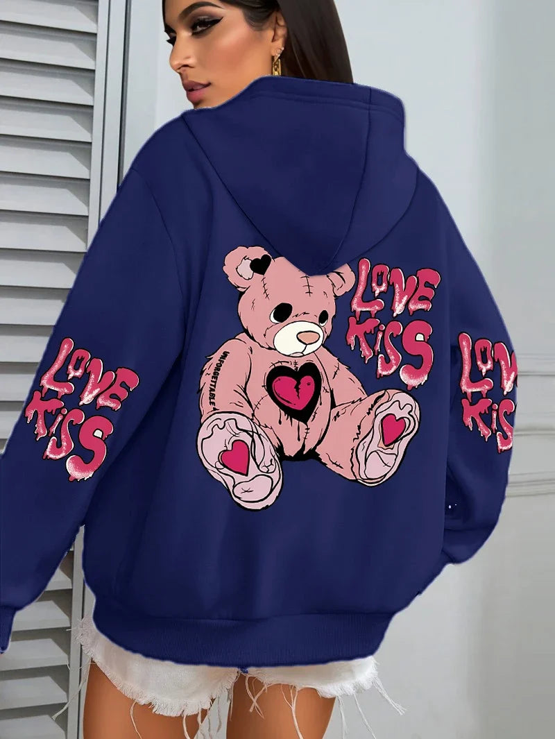 Pink Love Kiss Art Letter Prints Hoodies Women Pocket Autumn Hoody Fleece Multicolor Streetwear Unisex Hip Hop Y2K Clothing