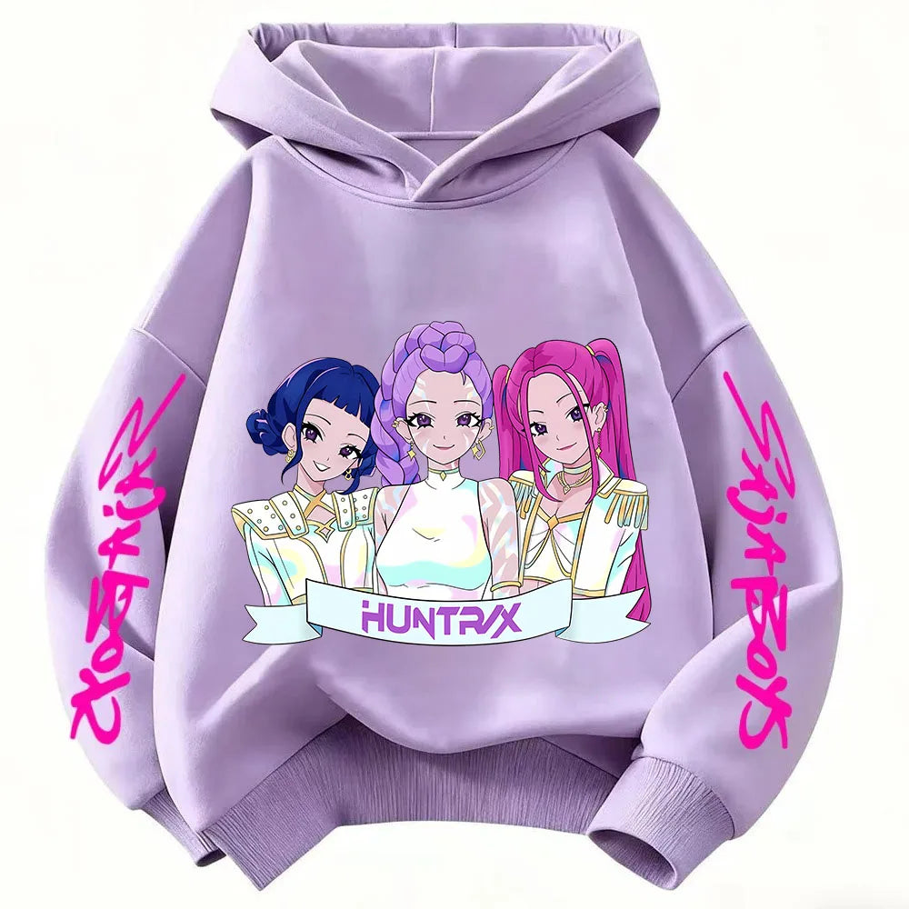 2026 KPop Demon Hunter Cartoon Girls Boy Hooded Sweatshirt Warm Children's Korean Wave Fashion Casual Tops Casual Girls Clothing