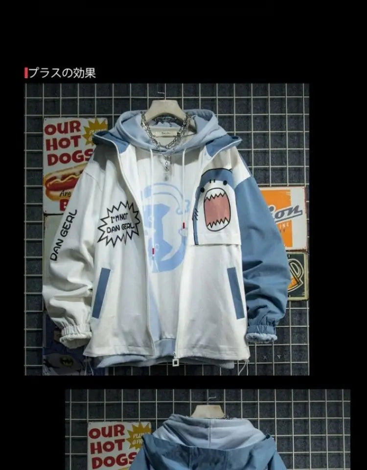 New 2025 Spring Woman Hooded Cute Shark Print Japanese Style Patchwork Teen Hoodies Jacket Fashion Harajuku Women Sweatshirt