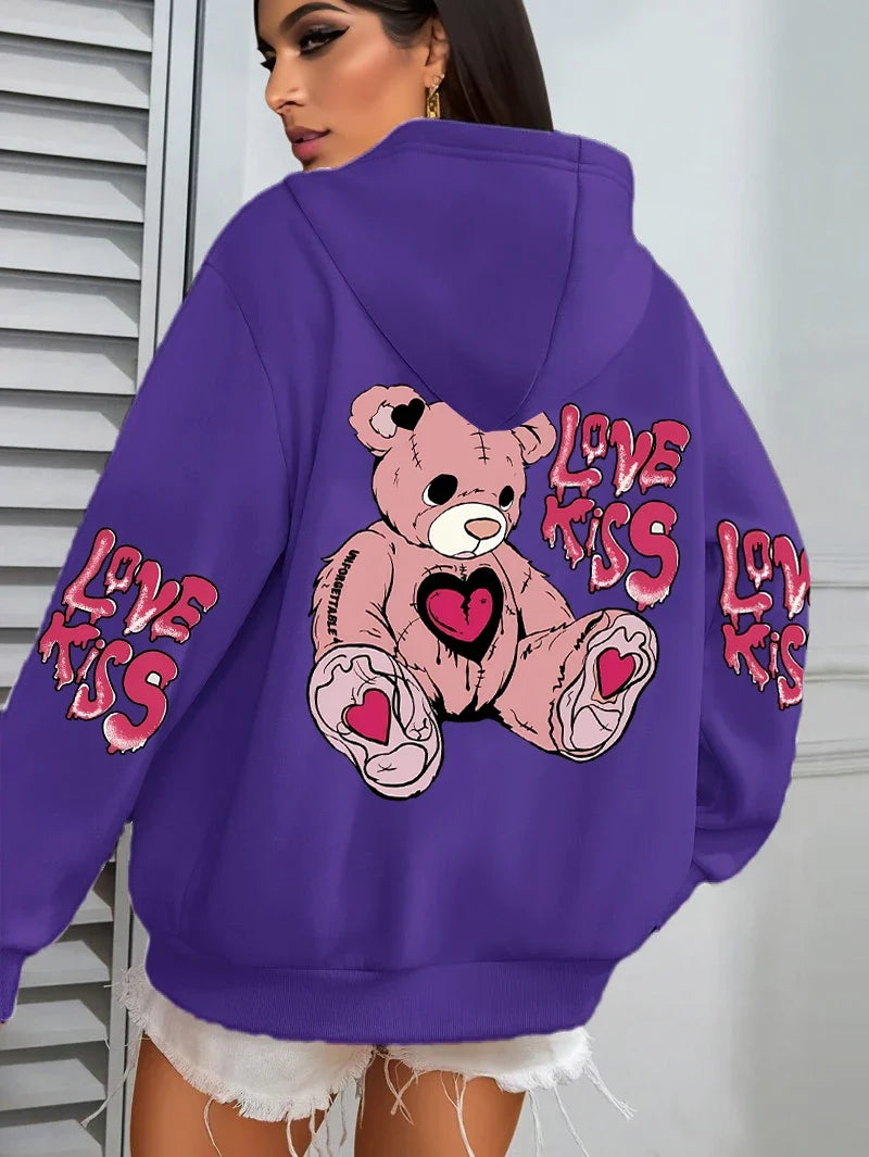 Pink Love Kiss Art Letter Prints Hoodies Women Pocket Autumn Hoody Fleece Multicolor Streetwear Unisex Hip Hop Y2K Clothing
