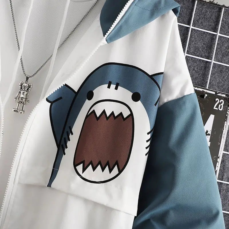New 2025 Spring Woman Hooded Cute Shark Print Japanese Style Patchwork Teen Hoodies Jacket Fashion Harajuku Women Sweatshirt
