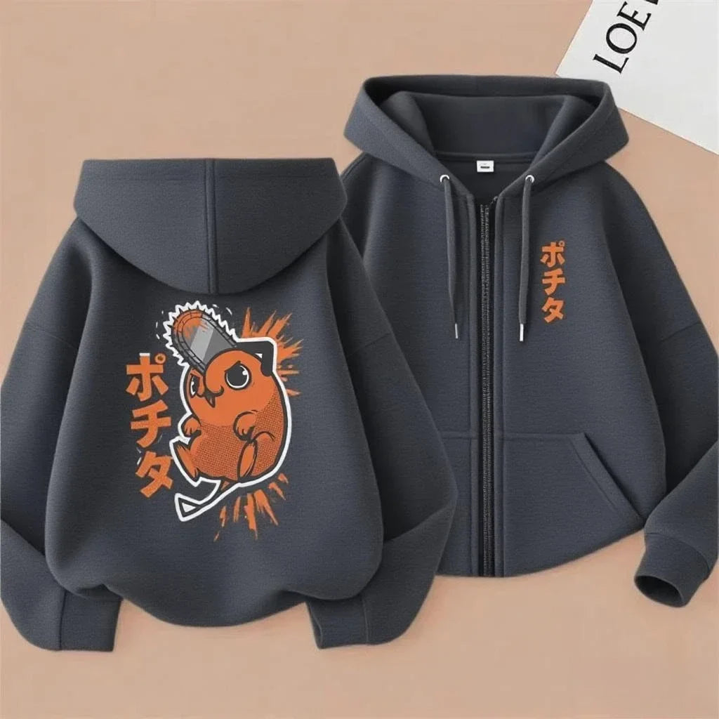 Anime Chainsaw Man Washed Retro Zipper Hoodie Cartoon Denji Pochita Funny Graphic Zip Up Jacket Men Women Manga Oversized Coat