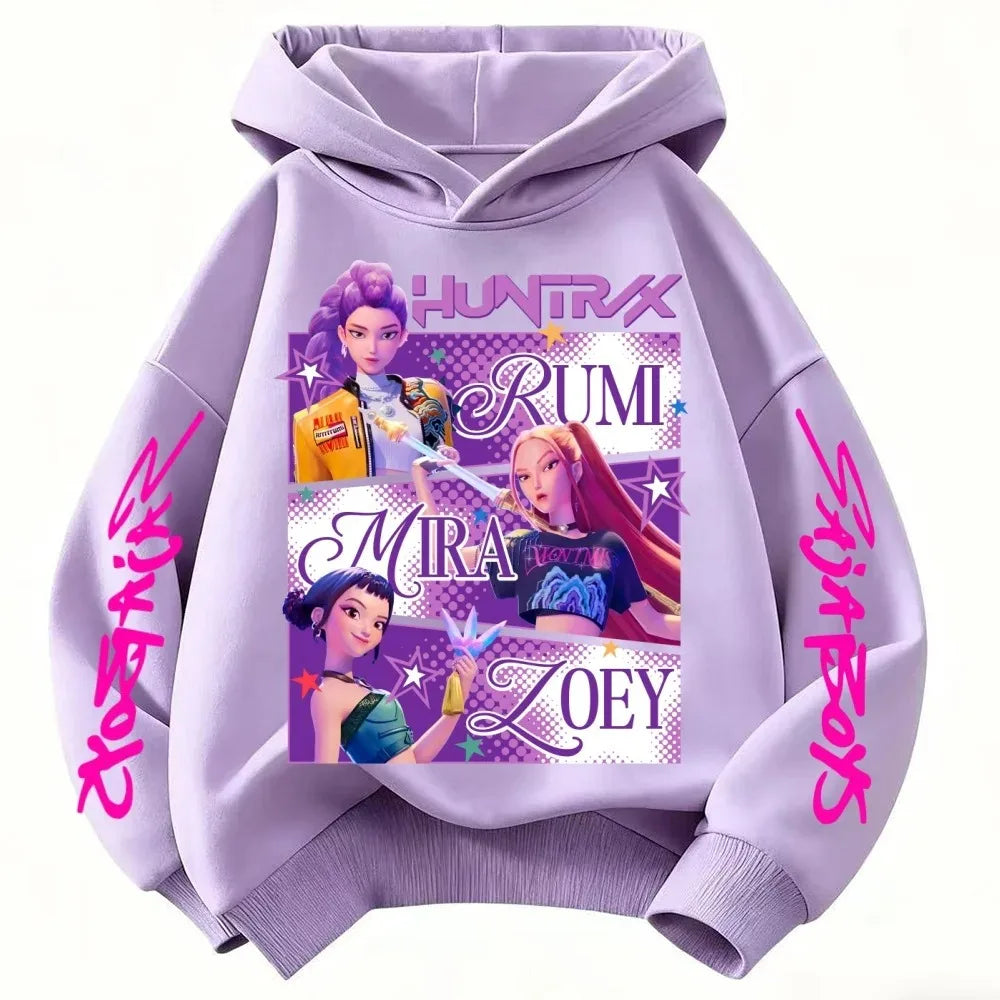 2026 KPop Demon Hunter Cartoon Girls Boy Hooded Sweatshirt Warm Children's Korean Wave Fashion Casual Tops Casual Girls Clothing