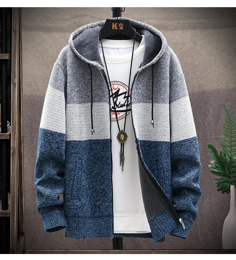 Men's Knit Sweater Fleece Coat Striped Jackets Fashion Hoodies Winter Autumn Thick Warm Windbreaker Pullovers Male Clothing