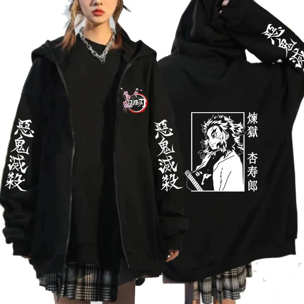 New Unisex Demon Slayer Anime Hooded Jacket Women Men Streetwear Casual Zip Up Coat Graphic Print Spring Autumn Fashion Y2k
