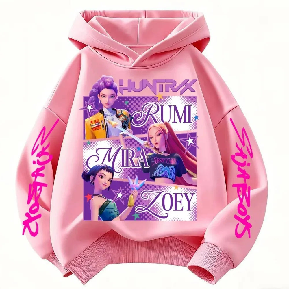 2026 KPop Demon Hunter Cartoon Girls Boy Hooded Sweatshirt Warm Children's Korean Wave Fashion Casual Tops Casual Girls Clothing