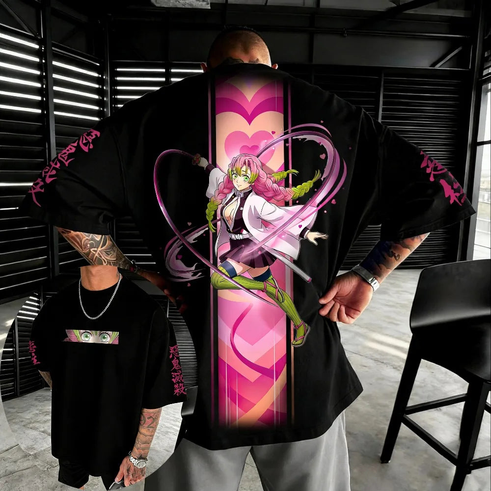 Oversized Unisex Pure Cotton T-shirt Demon Slayer Kochou Shinobu 2026 Summer New Product Anime Printed Casual Short Sleeved Top
