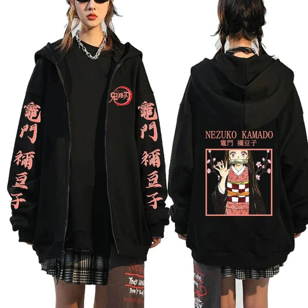 New Unisex Demon Slayer Anime Hooded Jacket Women Men Streetwear Casual Zip Up Coat Graphic Print Spring Autumn Fashion Y2k