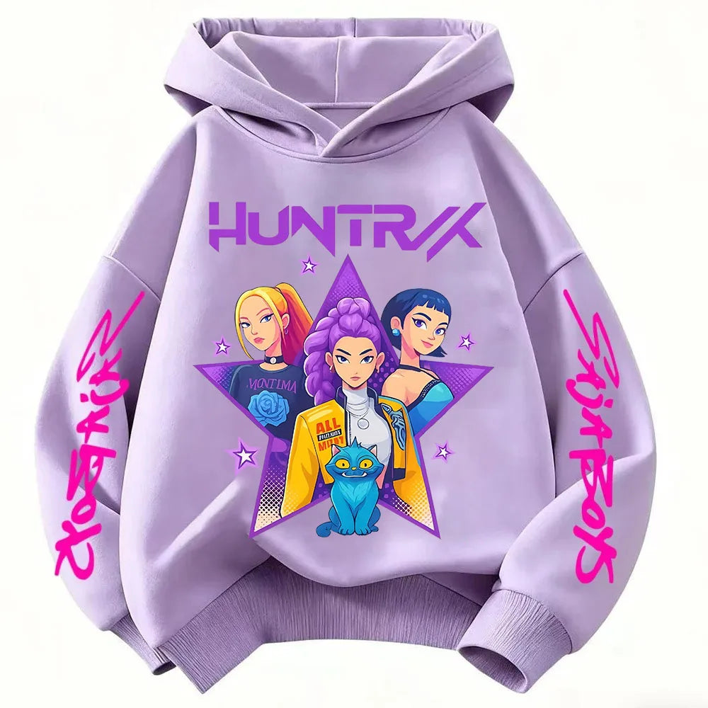 2026 KPop Demon Hunter Cartoon Girls Boy Hooded Sweatshirt Warm Children's Korean Wave Fashion Casual Tops Casual Girls Clothing