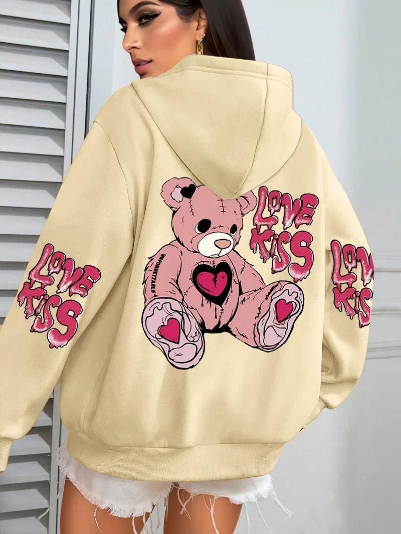 Pink Love Kiss Art Letter Prints Hoodies Women Pocket Autumn Hoody Fleece Multicolor Streetwear Unisex Hip Hop Y2K Clothing