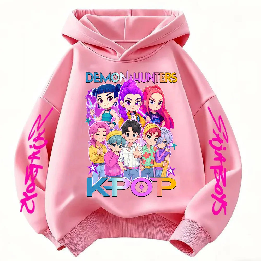 2026 KPop Demon Hunter Cartoon Girls Boy Hooded Sweatshirt Warm Children's Korean Wave Fashion Casual Tops Casual Girls Clothing