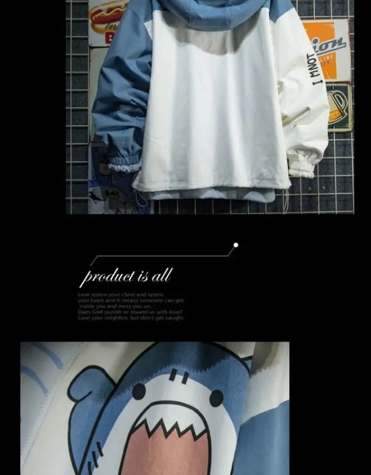 New 2025 Spring Woman Hooded Cute Shark Print Japanese Style Patchwork Teen Hoodies Jacket Fashion Harajuku Women Sweatshirt