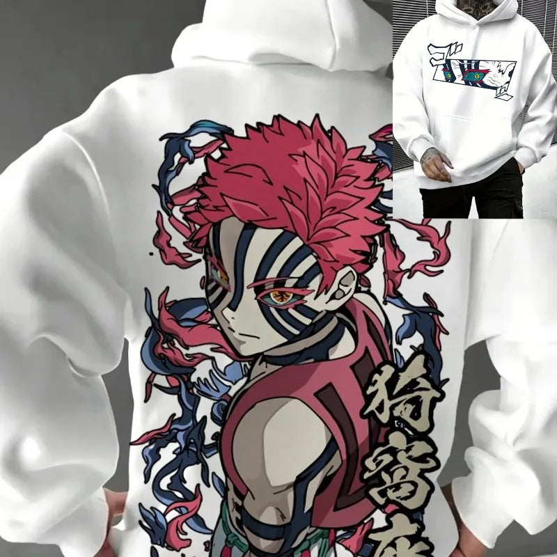 Harajuku Japan Anime Demon Slayer Men Women Hoodies Plus Size Sweatshirt Retro Akaza Pattern Unisex Long Sleeve Pullover