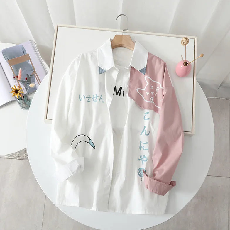 New 2025 Spring Woman Hooded Cute Shark Print Japanese Style Patchwork Teen Hoodies Jacket Fashion Harajuku Women Sweatshirt