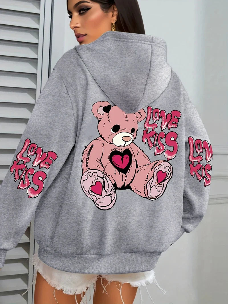 Pink Love Kiss Art Letter Prints Hoodies Women Pocket Autumn Hoody Fleece Multicolor Streetwear Unisex Hip Hop Y2K Clothing