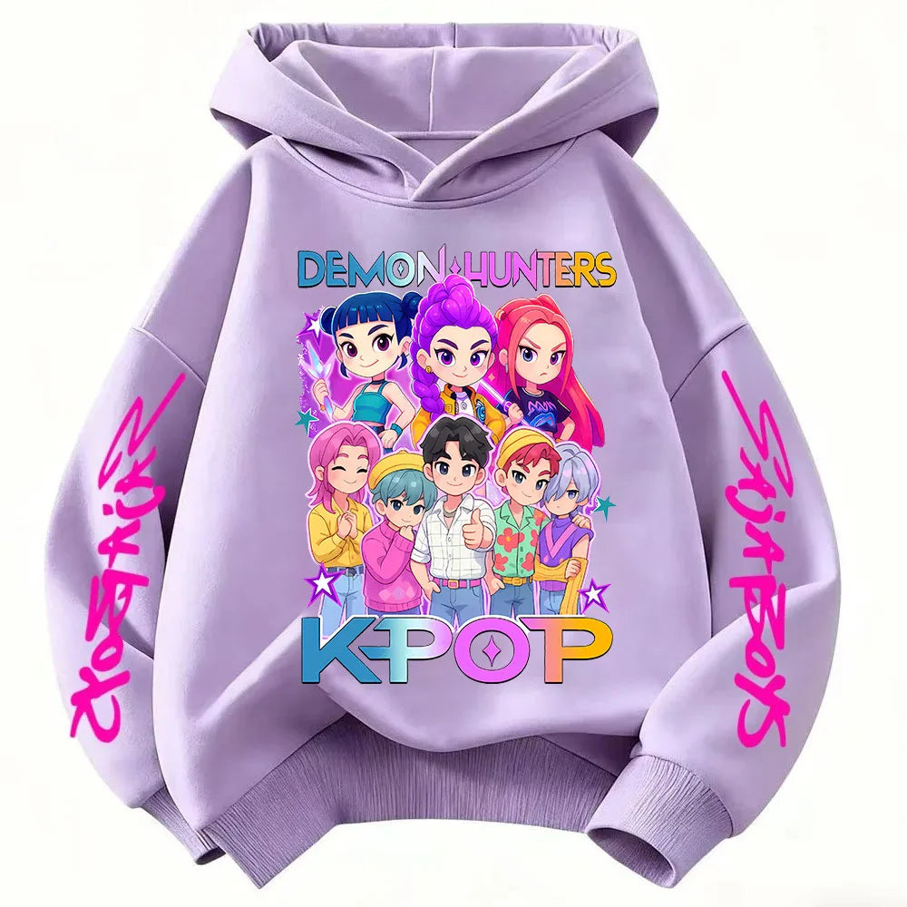 2026 KPop Demon Hunter Cartoon Girls Boy Hooded Sweatshirt Warm Children's Korean Wave Fashion Casual Tops Casual Girls Clothing
