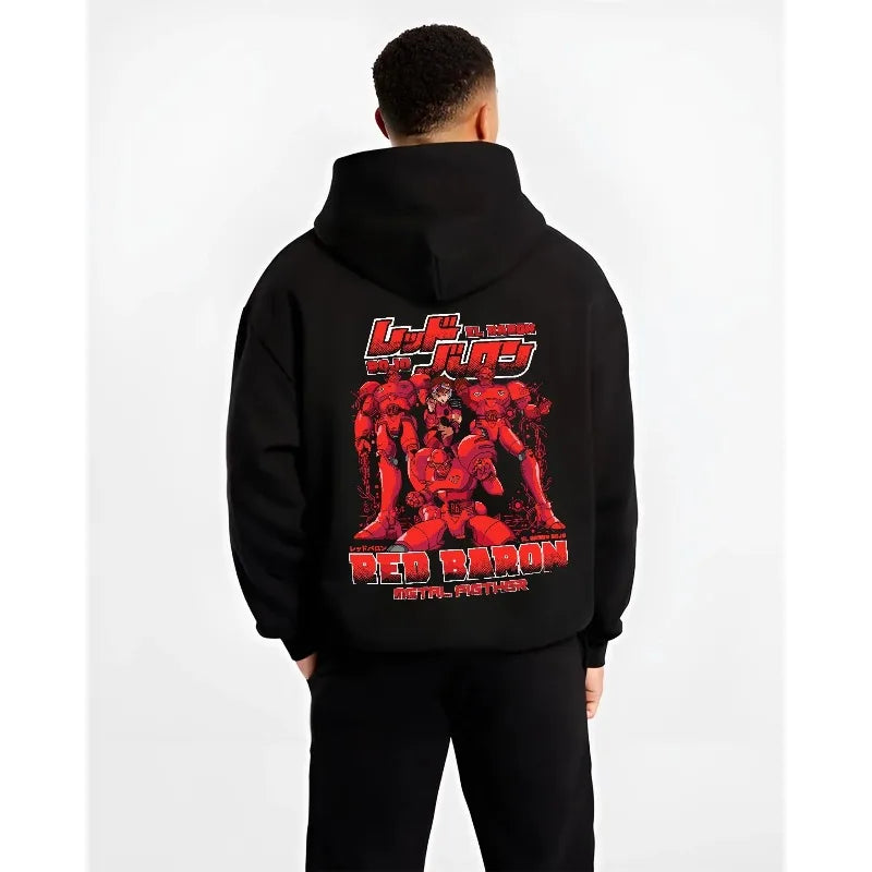 Men's Autumn Winter Hoodies Japanese Anime Gundam Red Baron Mecha Print Hooded Sweatshirt Y2K Oversized Cotton Man's Casualwear