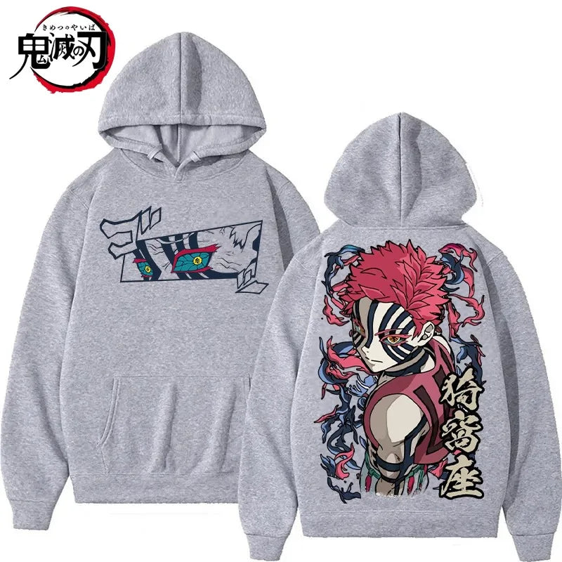 Harajuku Japan Anime Demon Slayer Men Women Hoodies Plus Size Sweatshirt Retro Akaza Pattern Unisex Long Sleeve Pullover