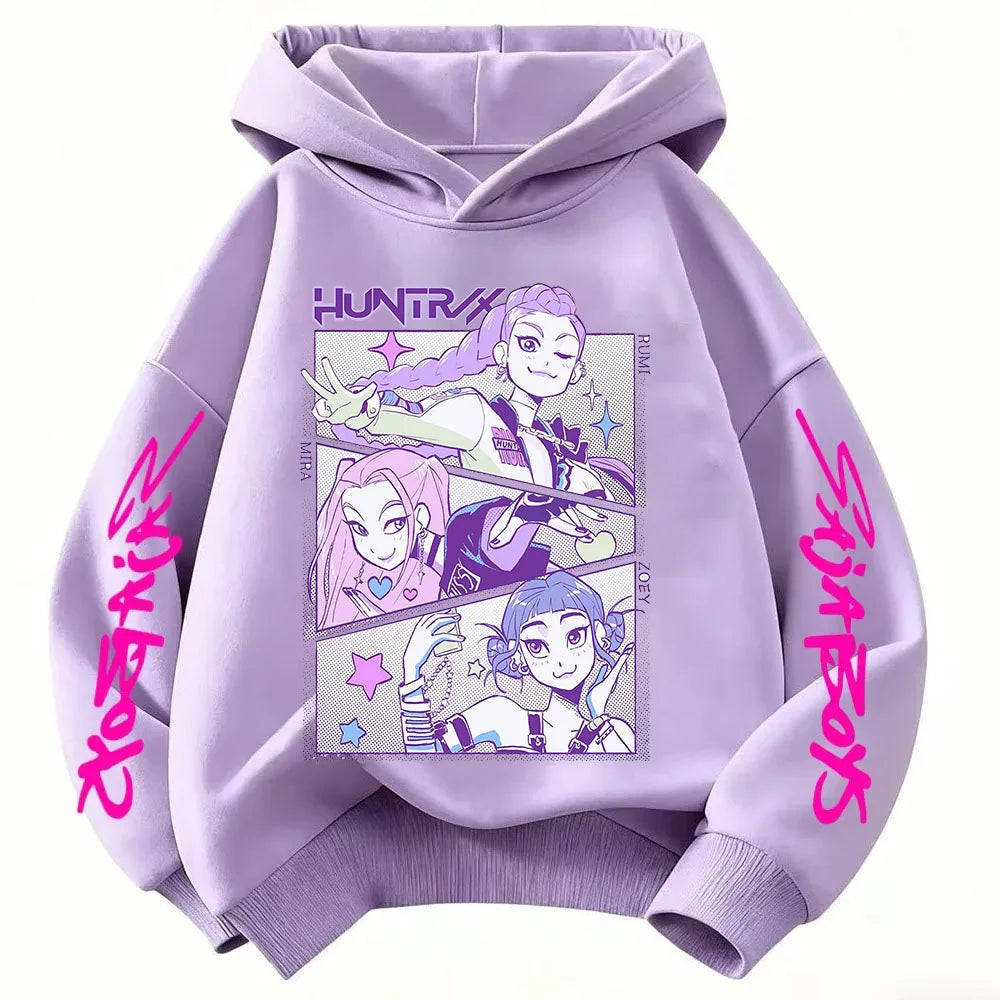 2026 KPop Demon Hunter Cartoon Girls Boy Hooded Sweatshirt Warm Children's Korean Wave Fashion Casual Tops Casual Girls Clothing