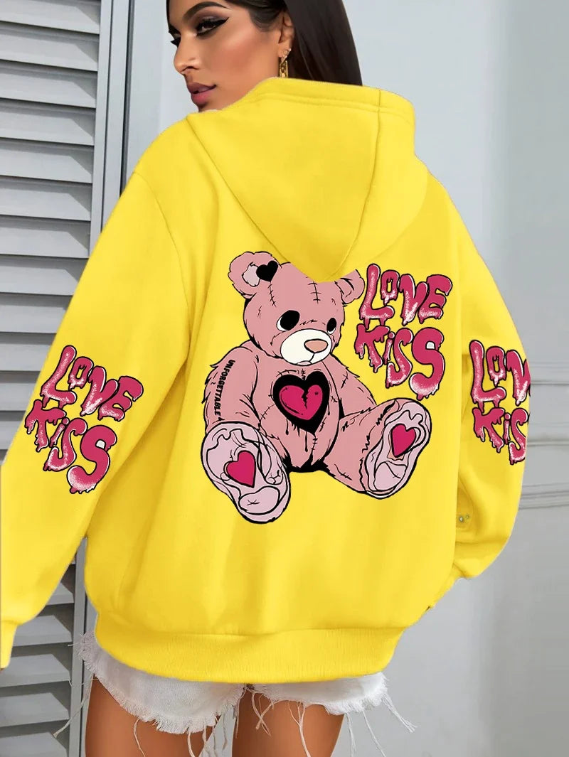 Pink Love Kiss Art Letter Prints Hoodies Women Pocket Autumn Hoody Fleece Multicolor Streetwear Unisex Hip Hop Y2K Clothing