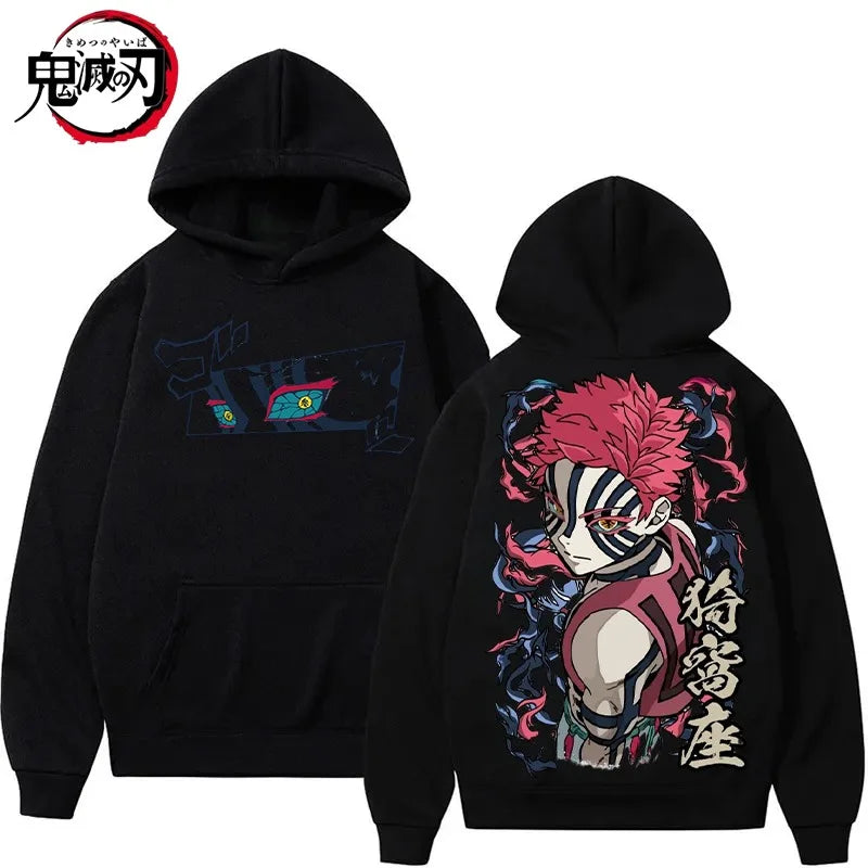 Harajuku Japan Anime Demon Slayer Men Women Hoodies Plus Size Sweatshirt Retro Akaza Pattern Unisex Long Sleeve Pullover